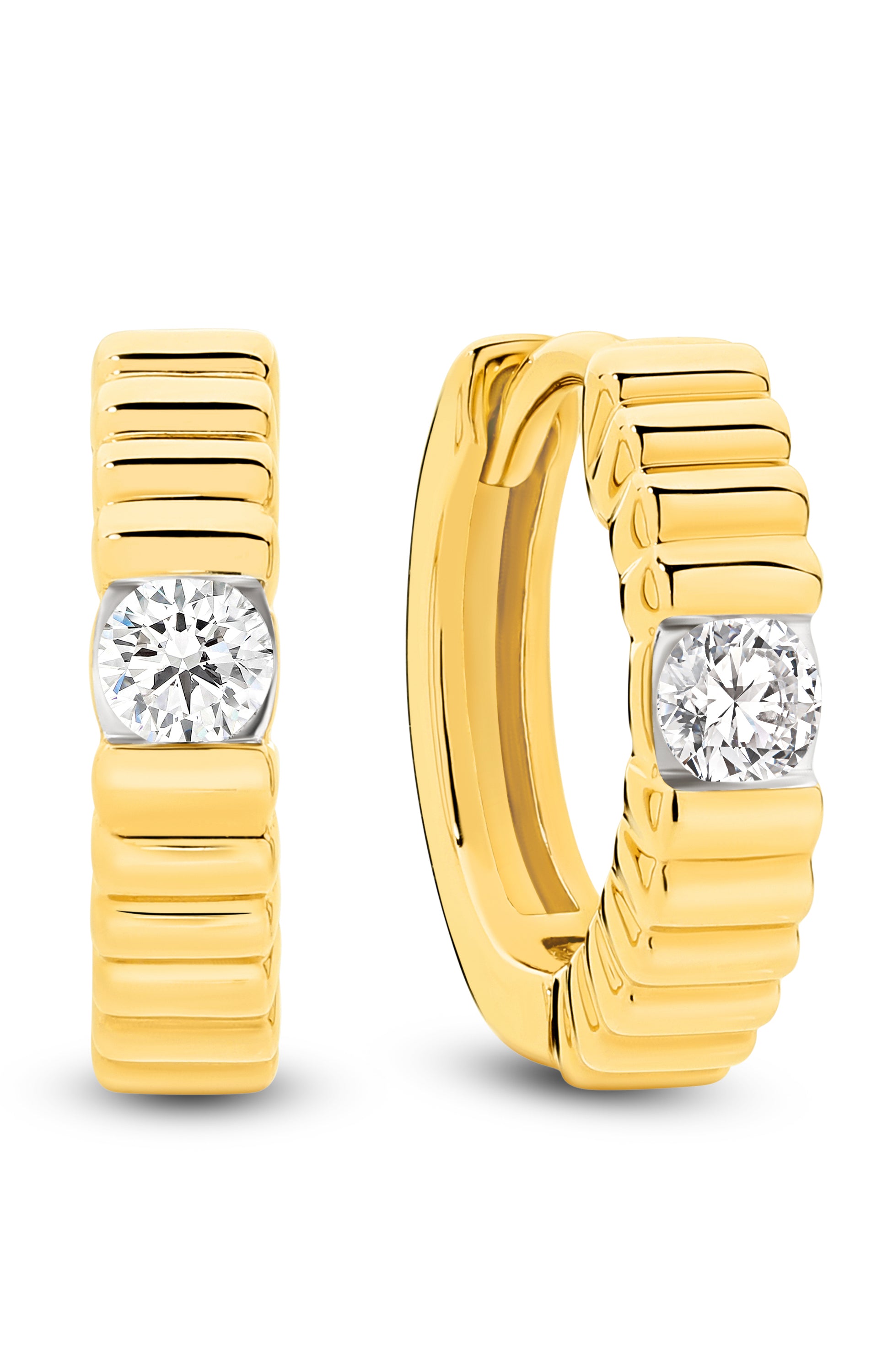 GIA Ridged Diamond Hoop Earrings in Yellow Gold