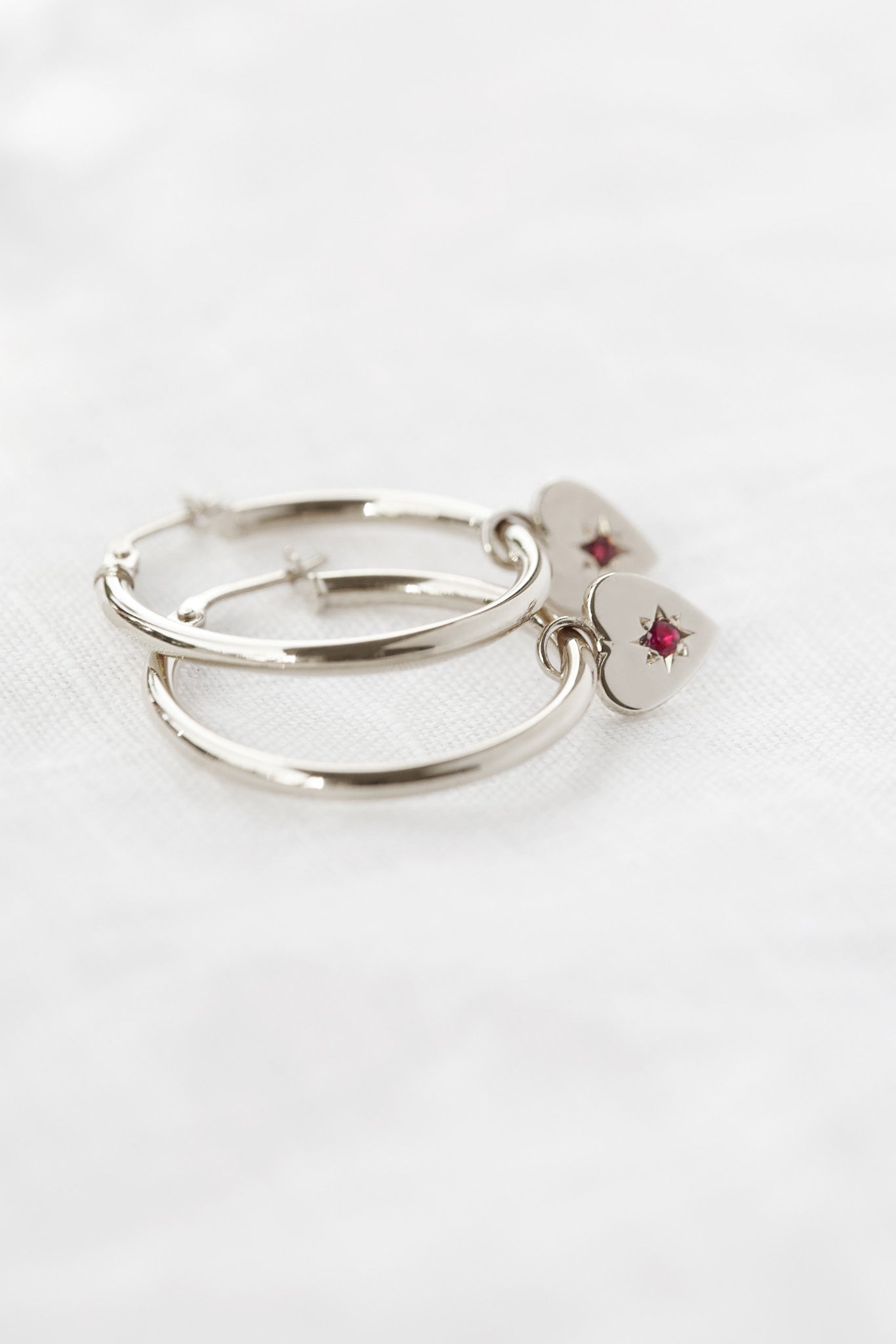 Jolie Ruby Heart Hoop Earrings in 925 Sterling Silver